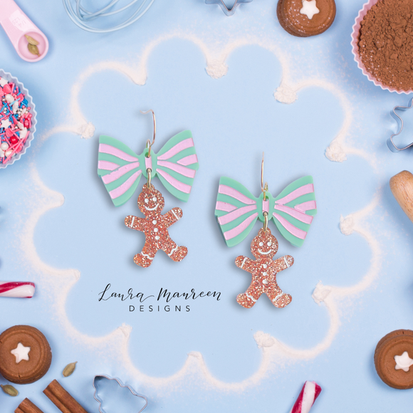 Holiday Stripe Bow Gingerbread Man Earrings