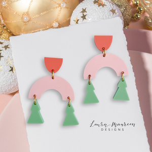 Holiday O Christmas Tree Arch Earrings- Pink